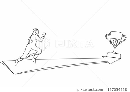 Continuous one line drawing Arabic businessman running to golden trophy. Business direction and mission vision. Goal, success, development, victory. Single line draw design vector graphic illustration Continuous one line drawing Arabic businessman running to golden trophy. Business direction and mission vision. Goal, success, development, victory. Single line draw design vector graphic illustration 127054338