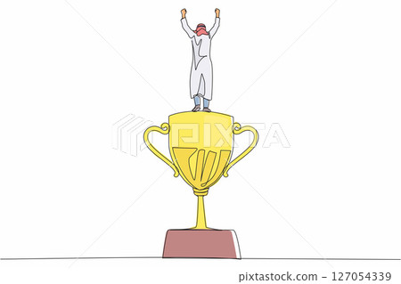 Single one line drawing back view businessman stand above trophy. Business metaphor of success and appreciation. Arabian male celebrating his business award. Continuous line draw design graphic vector Single one line drawing back view businessman stand above trophy. Business metaphor of success and appreciation. Arabian male celebrating his business award. Continuous line draw design graphic vector 127054339