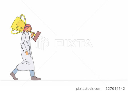 Continuous one line drawing Arabian businessman carry big trophy cup for winner as symbol of victory. Business concept of success and competition. Single line draw design vector graphic illustration 127054342