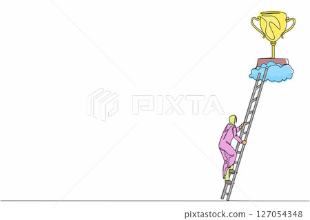 Single continuous line drawing Arab businesswoman climb to trophy over clouds. Female climbing ladder to success. Motivation concept to be successful. One line draw graphic design vector illustration Single continuous line drawing Arab businesswoman climb to trophy over clouds. Female climbing ladder to success. Motivation concept to be successful. One line draw graphic design vector illustration 127054348