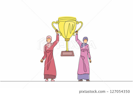 Single one line drawing two women holding golden goblet together. Winners celebrating victory. Arab businesswoman with prize, trophy cup. Celebration business team success. Continuous line draw design Single one line drawing two women holding golden goblet together. Winners celebrating victory. Arab businesswoman with prize, trophy cup. Celebration business team success. Continuous line draw design 127054350