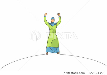 Continuous one line drawing happy Arabian businesswoman standing and raising hands or arms. Successful female. Career goal. Victory sign or symbol. Winner pose. Single line draw design vector graphic 127054353