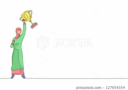 Continuous one line drawing Arabian businesswoman with trophy standing with arms lifted in the air. Woman celebrating her business award. Winner, reaching goals concept. Single line draw design vector 127054354