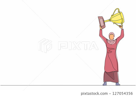 Single continuous line drawing Arabian businesswoman standing and lifting trophy. Career goal icon. Victory sign or symbol. Winner pose. Success, goal, achievement. One line draw graphic design vector 127054356