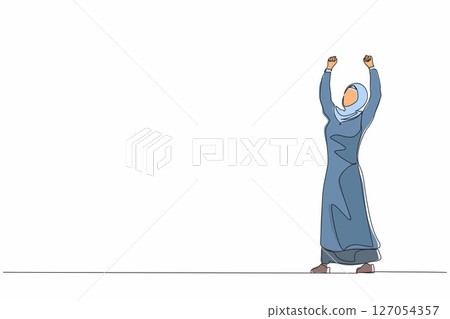 Single continuous line drawing Arabic businesswoman standing and raising hands or arms. Successful person. Career goal. Victory sign or symbol. Winner pose. One line graphic design vector illustration Single continuous line drawing Arabic businesswoman standing and raising hands or arms. Successful person. Career goal. Victory sign or symbol. Winner pose. One line graphic design vector illustration 127054357
