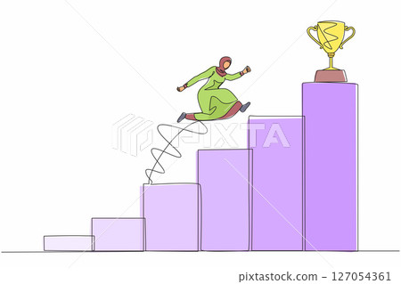 Single one line drawing Arabian businesswoman jumping to success. Step to successful. Achieve trophy. Female run and go to their goal on stairs, way to achieve goal. Continuous line draw design vector 127054361