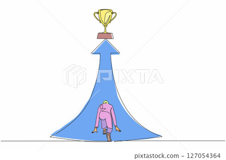 Single continuous line drawing back view Arabian businesswoman ready to run to trophy at end of route. Vision mission, goal of business. Female run to their goal. One line draw graphic design vector Single continuous line drawing back view Arabian businesswoman ready to run to trophy at end of route. Vision mission, goal of business. Female run to their goal. One line draw graphic design vector 127054364