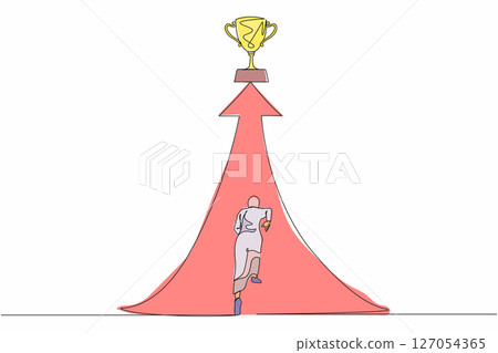 Continuous one line drawing reach for trophy. Arabian businesswoman runs to target. Female working for goal, success, development, ability, victory, motivation. Single line draw design vector graphic 127054365