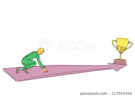 Single continuous line drawing side view Arabic businesswoman ready to run to trophy at end of route. Vision mission and goal of business. Female run to their goal. One line draw graphic design vector 127054368