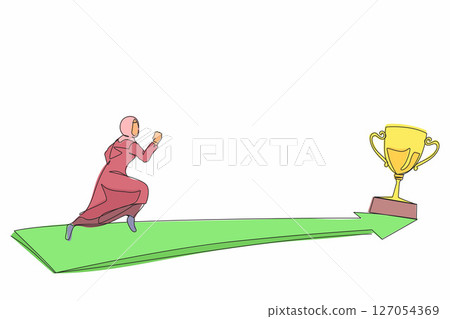 Single one line drawing side view Arabian businesswoman running to golden trophy. Business direction and mission vision. Goal, success, development, victory. Continuous line draw design graphic vector 127054369