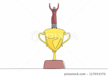 Single one line drawing back view Arabian businesswoman stand above trophy. Business metaphor of success and appreciation. Female celebrating her business award. Continuous line design graphic vector 127054370