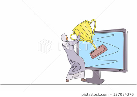 Single continuous line drawing Arabic businesswoman pulls out trophy cup from computer screen. Working on award winning project, freelance job, online work, winner. One line draw graphic design vector 127054376