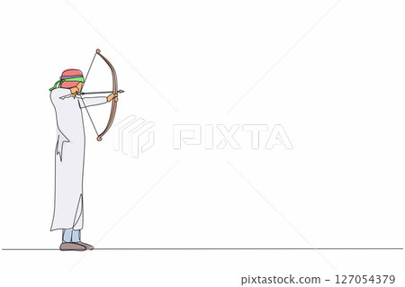 Single continuous line drawing blindfolded Arabic businessman shooting arrow. Missed target. Businessman trying to shoot target with blindfold. Dynamic one line draw graphic design vector illustration Single continuous line drawing blindfolded Arabic businessman shooting arrow. Missed target. Businessman trying to shoot target with blindfold. Dynamic one line draw graphic design vector illustration 127054379