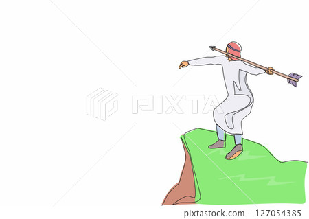Single continuous line drawing strong Arabian businessman throwing rising up arrow to achieve goal. Business growth, success and improvement concept. One line draw graphic design vector illustration Single continuous line drawing strong Arabian businessman throwing rising up arrow to achieve goal. Business growth, success and improvement concept. One line draw graphic design vector illustration 127054385
