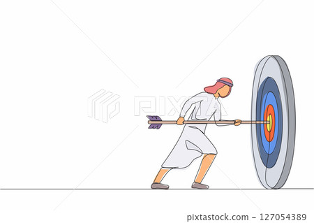 Single continuous line drawing Arab businessman hold arrow in hand to target, achievement goal. Aim in business concept. Aspirational people. Mission achieved. One line draw design vector illustration Single continuous line drawing Arab businessman hold arrow in hand to target, achievement goal. Aim in business concept. Aspirational people. Mission achieved. One line draw design vector illustration 127054389