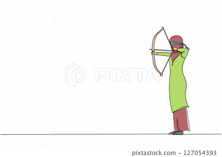 Single continuous line drawing blindfolded young female shooting arrow. Missed the target. Arabian businesswoman trying to shoot target with blindfold. One line draw graphic design vector illustration Single continuous line drawing blindfolded young female shooting arrow. Missed the target. Arabian businesswoman trying to shoot target with blindfold. One line draw graphic design vector illustration 127054393