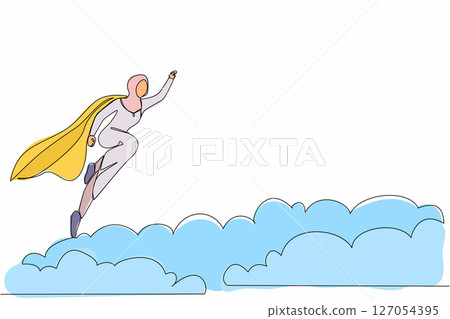 Single one line drawing super Arabian businesswoman flying up from cloud. Business leadership. Business finance success concept. Creative idea. Continuous line draw design graphic vector illustration Single one line drawing super Arabian businesswoman flying up from cloud. Business leadership. Business finance success concept. Creative idea. Continuous line draw design graphic vector illustration 127054395