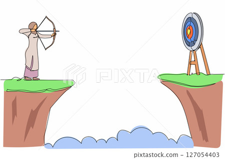 Single continuous line drawing Arabian businesswoman standing on cliff with archer in hand. Business target. Woman forced to successful. Shooting target with bow, arrow. One line graphic design vector 127054403