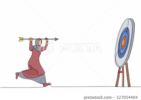 Continuous one line drawing positive ambitious Arab businesswoman point big arrow on target. Goal achievement concept. Business purpose, goal, strategy success. Single line draw design vector graphic 127054404