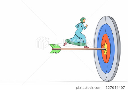 Single one line drawing ambition Arab businesswoman run to bullseye with dart. Reach target success. Business metaphor. Successful business concept. Continuous line design graphic vector illustration 127054407