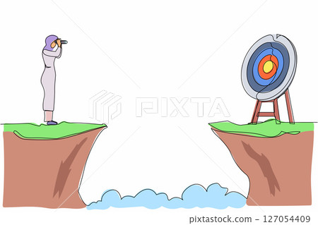 Continuous one line drawing Arab businesswoman standing on cliff with binoculars in hand. Business target goals concept. Woman focus to successful. Single line draw design vector graphic illustration 127054409