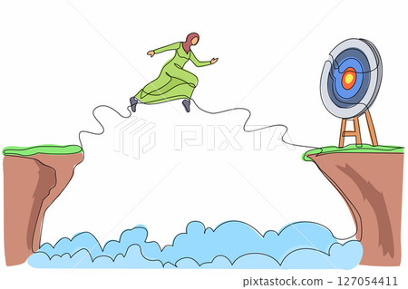 Continuous one line drawing Arab businesswoman jumping over cliff to reach target. Success move while taking risk. Entrepreneur challenges, motivation, personal growth. Single line draw design vector 127054411