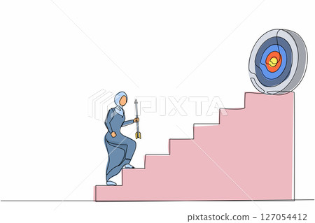 Single continuous line drawing Arabian businesswoman holding arrow running up stairway to high target. Business growth, path to success. Career path. One line draw graphic design vector illustration 127054412