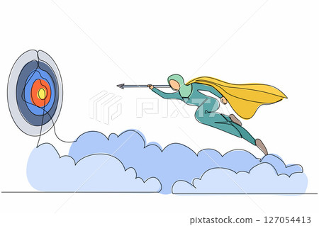 Single one line drawing superhero Arab businesswoman flying with arrow forward to goal to achieve success. Power leadership ambition and achievement. Continuous line design graphic vector illustration Single one line drawing superhero Arab businesswoman flying with arrow forward to goal to achieve success. Power leadership ambition and achievement. Continuous line design graphic vector illustration 127054413