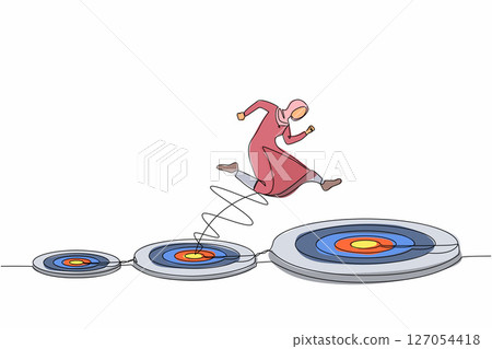 Single continuous line drawing Arabian businesswoman jumping on bigger target, successfully. Advancement in career or business growth concept. Aspiration and motivation. One line graphic design vector 127054418