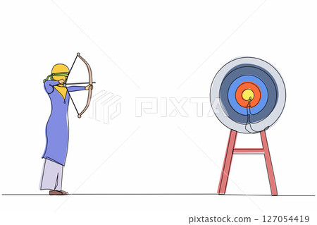 Single one line drawing blindfold Arabian businesswoman holding bow arrow looking for target. Trying to achieve goal without vision. Modern continuous line draw design graphic vector illustration 127054419