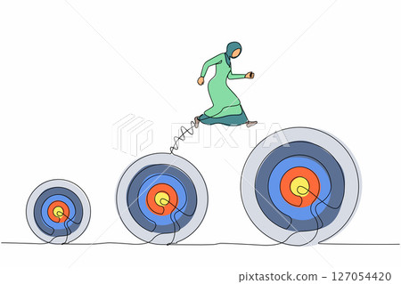 Single continuous line drawing Arabian businesswoman jumping up higher target career goals. The business next target metaphor. Planning and successful. One line draw graphic design vector illustration Single continuous line drawing Arabian businesswoman jumping up higher target career goals. The business next target metaphor. Planning and successful. One line draw graphic design vector illustration 127054420