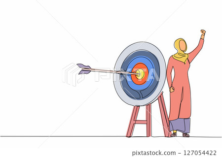 Single one line drawing Arab businesswoman fist pump her arrow directed into target. Target goal, focus, progress. Business archery, arrow hit focus. Continuous line design graphic vector illustration Single one line drawing Arab businesswoman fist pump her arrow directed into target. Target goal, focus, progress. Business archery, arrow hit focus. Continuous line design graphic vector illustration 127054422