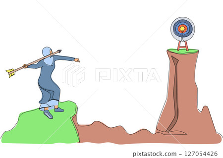Single continuous line drawing Arab businesswoman standing on peak of cliff targeting dartboard with big arrow. Woman aiming target on cliff. Success business metaphor. One line graphic design vector Single continuous line drawing Arab businesswoman standing on peak of cliff targeting dartboard with big arrow. Woman aiming target on cliff. Success business metaphor. One line graphic design vector 127054426