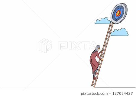 Single continuous line drawing stairs to goal. Arabian businesswoman in hijab rises up stairs to top of target. Achieving goal. Ladder sky. Strategy to aim. One line graphic design vector illustration Single continuous line drawing stairs to goal. Arabian businesswoman in hijab rises up stairs to top of target. Achieving goal. Ladder sky. Strategy to aim. One line graphic design vector illustration 127054427