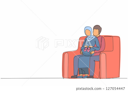 Single one line drawing Arab pregnant woman holding baby shoes and her husband on sofa at home. Pregnant woman and her husband holding baby shoes and hugging tummy. Continuous line draw design vector Single one line drawing Arab pregnant woman holding baby shoes and her husband on sofa at home. Pregnant woman and her husband holding baby shoes and hugging tummy. Continuous line draw design vector 127054447