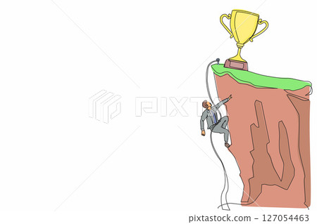 Single continuous line drawing climber hanging on rope and pulling himself on top of rocky mountain wall to reach trophy. Extreme businessman climbing on cliff. One line draw graphic design vector Single continuous line drawing climber hanging on rope and pulling himself on top of rocky mountain wall to reach trophy. Extreme businessman climbing on cliff. One line draw graphic design vector 127054463