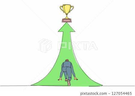 Single one line drawing back view businessman ready to run to trophy at end of route. Vision mission and goal of business. Young male run to their goal, motivation. Continuous line draw design vector 127054465