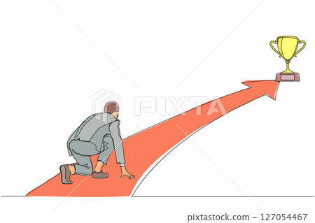 Continuous one line drawing businessman get ready on starting to goal of business in starting position ready to sprint run. Reaching trophy. Business concept. Single line draw design vector graphic 127054467