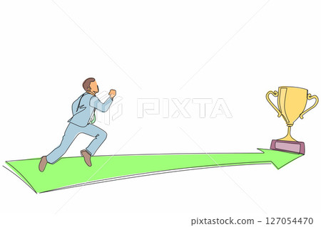 Single one line drawing businessman running to golden trophy. Concept for business direction and mission vision. Goal, success, development, victory. Continuous line draw design vector illustration Single one line drawing businessman running to golden trophy. Concept for business direction and mission vision. Goal, success, development, victory. Continuous line draw design vector illustration 127054470