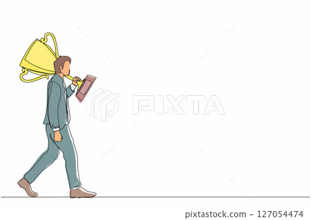 Single one line drawing businessman carry big trophy cup for winner as symbol of victory. Business concept of success and competition. Modern continuous line draw design graphic vector illustration 127054474