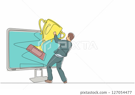 Single continuous line drawing businessman pulls out trophy cup from computer screen. Working on award winning project, freelance job, online work, winner. One line graphic design vector illustration 127054477