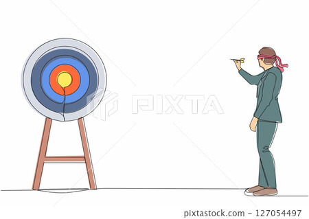 Single continuous line drawing businessman using blindfold and hit darts target. Confused blindfold businessman with question mark trying to hit target with dart. One line draw graphic design vector 127054497