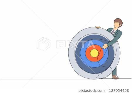 Continuous one line drawing businessman holding archer target or dashboard pointing at bullseye. Focus on business target, setting goal for motivation. Single line design vector graphic illustration 127054498