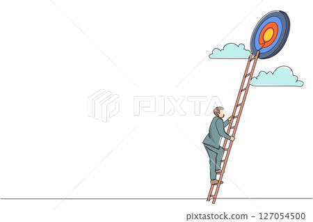 Single continuous line drawing stairs to goal. Businessman in suit rises up stairs to top of target. Business concept. Achieving goal. Ladder sky. Strategy to aim. One line draw graphic design vector 127054500