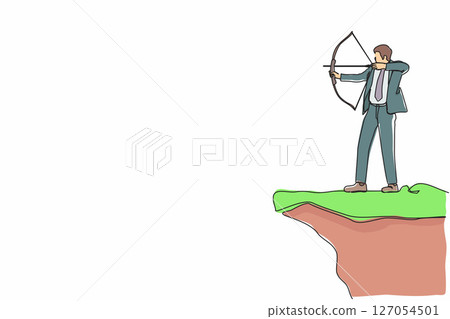 Single one line drawing businessman standing on cliff with archer in hand. Business target goal. Businessman focus to successful. Shooting target with bow and arrow. Continuous line draw design vector 127054501
