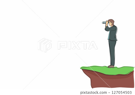 Single continuous line drawing businessman looking in binoculars standing on cliff. Business vision concept, leadership, achievement, target. Dynamic one line draw graphic design vector illustration 127054503