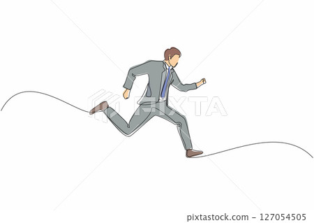Single one line drawing businessman running. Business concept. Late for work. Successful man in a suit run for work. Business people. Modern continuous line draw design graphic vector illustration 127054505