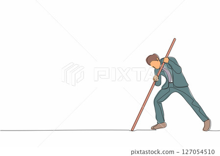 Single one line drawing businessman mark goal with arrow. Man holding arrow, hits target on ground. Achieving goals. Focus marketing target strategy. Continuous line design graphic vector illustration 127054510