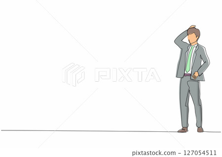 Single continuous line drawing businessman confused with hand on head for mistake, remember error. Forgot, bad memory. Headache pain or stress. Dynamic one line draw graphic design vector illustration 127054511