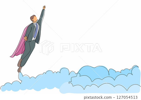 Single continuous line drawing businessman flying in the sky like superhero. Successful businessman flies up through the sky. Business startup concept. one line draw graphic design vector illustration Single continuous line drawing businessman flying in the sky like superhero. Successful businessman flies up through the sky. Business startup concept. one line draw graphic design vector illustration 127054513